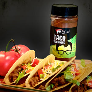 Pman the Chef Taco Seasoning near beef tacos and tomatoes