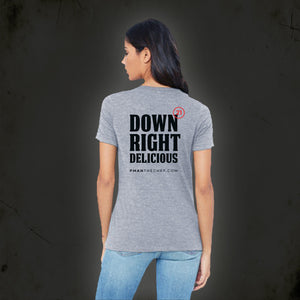 Down Right Delicious heather gray tshirt design back side